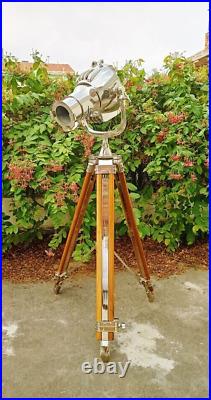 Searchlight vintage Theater Floor Lamp brown wooden tripod Movie Spot Light