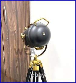 Spot Light Floor Lamp Nautical Adjustable Wooden Tripod Marine Studio Searchligh