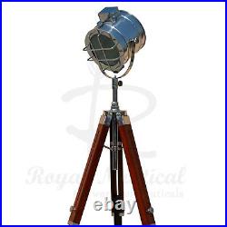 Tall Nautical Tripod Floor Lamp Wooden Vintage Style E27 LED Brown Spotlight