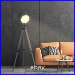 Tripod Floor Lamp Pine Wood Spotlight Industrial Standing Light Brown Black
