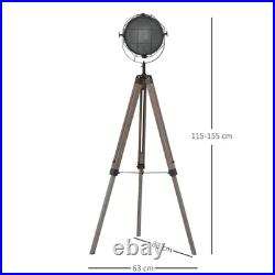 Tripod Floor Lamp Pine Wood Spotlight Industrial Standing Light Brown Black