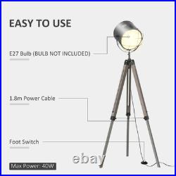 Tripod Floor Lamp Pine Wood Spotlight Industrial Standing Light Brown Black