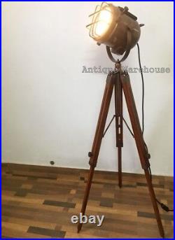 Vintage Industrial Antique Copper Floor Lamp Marine Tripod Studio Searchlight