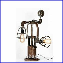 Vintage Iron Pipe Gauge Industrial Up-Cycled Table Desk Top Lamp Steampunk Light