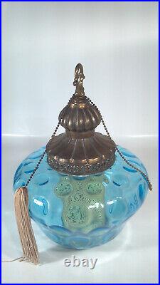 Vintage MCM Coin Spot Dot Blue Glass Lamp Swag Light With Diffuser 12 x 10