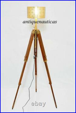 Vintage Nautical Brown Wooden Tripod Corner Floor Lamp Shade Home Office Decor