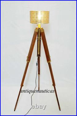 Vintage Nautical Brown Wooden Tripod Corner Floor Lamp Shade Home Office Decor