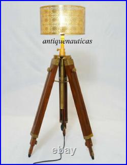 Vintage Nautical Brown Wooden Tripod Corner Floor Lamp Shade Home Office Decor