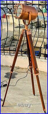 Vintage Nautical Searchlight Marine Spotlight Copper Tripod Floor Lamp Decor
