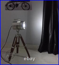 Vintage Nautical Spot-light Wooden Tripod Floor Lamp Stand Searchlight Home
