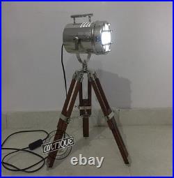 Vintage Nautical Spot-light Wooden Tripod Floor Lamp Stand Searchlight Home