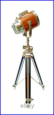 Vintage Nautical Spotlight Hollywood Spotlight Wooden Tripod Floor Lamp Unbrande
