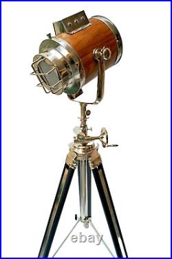 Vintage Nautical Spotlight Hollywood Spotlight Wooden Tripod Floor Lamp Unbrande