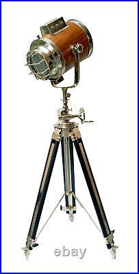 Vintage Nautical Spotlight Hollywood Spotlight Wooden Tripod Floor Lamp Unbrande