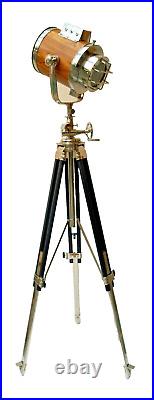 Vintage Nautical Spotlight Hollywood Spotlight Wooden Tripod Floor Lamp Unbrande