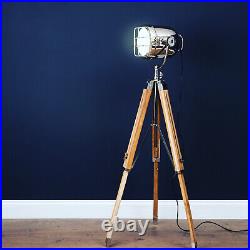 Vintage Retro 140cm Nickel Chrome Floor Tripod Lamp Spotlight Studio Theatre