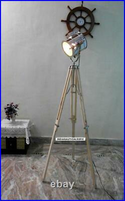 Vintage Spotlight Floor lamp with Wooden Tripod Chrome Finish Spot Light