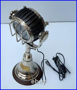 Vintage chrome finish spotlight motor industrial table lamp wooden base decor