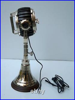 Vintage chrome finish spotlight motor industrial table lamp wooden base decor