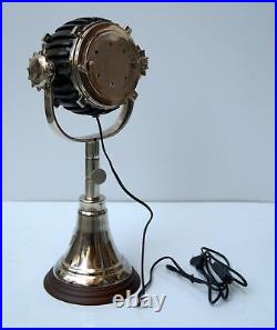 Vintage chrome finish spotlight motor industrial table lamp wooden base decor