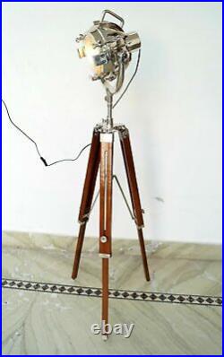 Vintage tripod big lamp silver chrome floor spotlight with wooden brown tripod