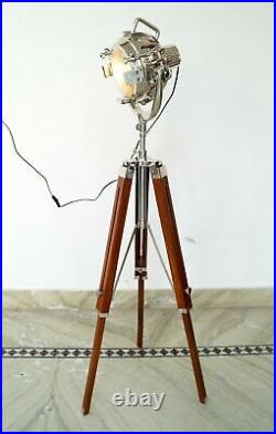 Vintage tripod big lamp silver chrome floor spotlight with wooden brown tripod