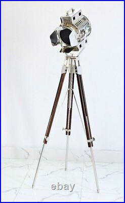 Wood Tripod Floor Lamp Marine Nautical Studio Spot Light Silver & Brown Color